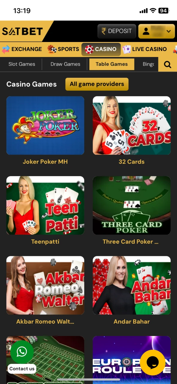 Choose table games at SatBet casino section.