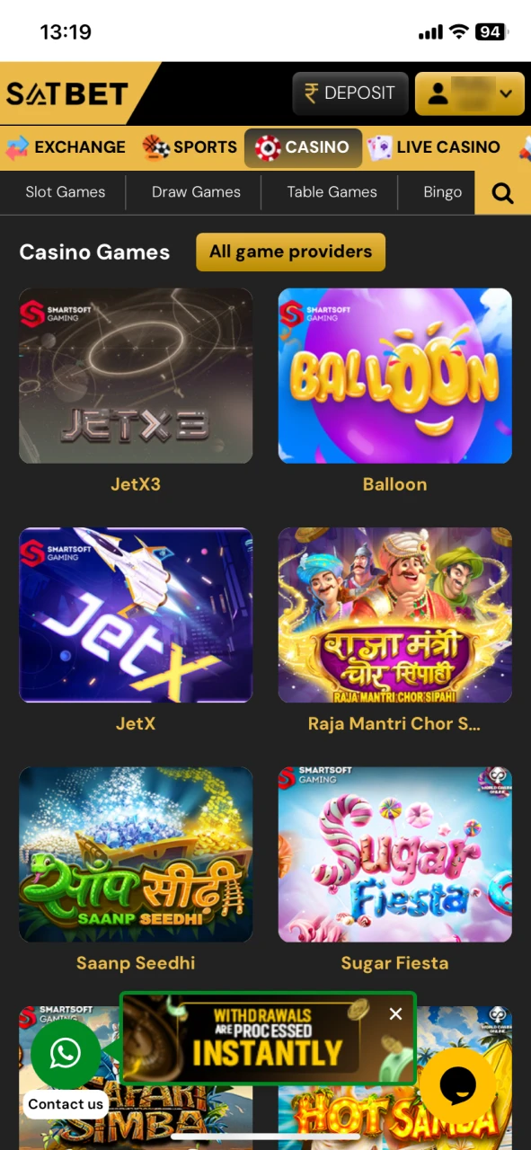 Select a casino section at SatBet website.